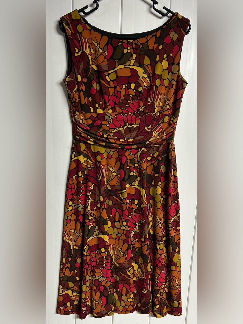 Sleeveless Floral-Print Midi Dress in Burgundy and Mustard